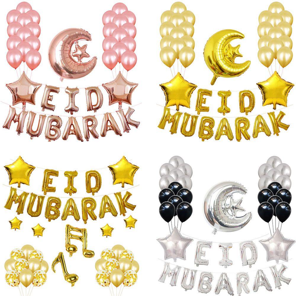 Suyo 37 / 38pcs / Set Balon Foil Motif Eid Mubarak + Bulan + Bintang Untuk Dekorasi Pesta / Festival