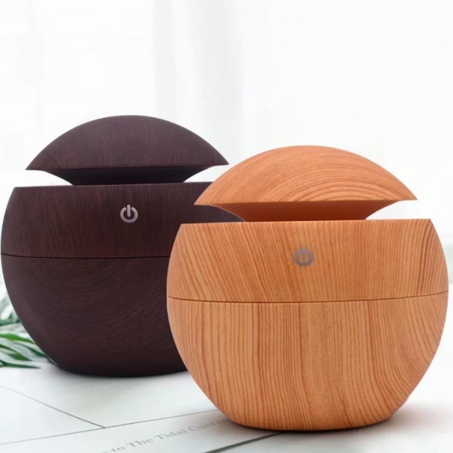 AIR HUMIDIFIER ESSENTIAL OIL DIFFUSER AROMA TERAPI BULAT MOTIF KAYU - COKLAT MUDA