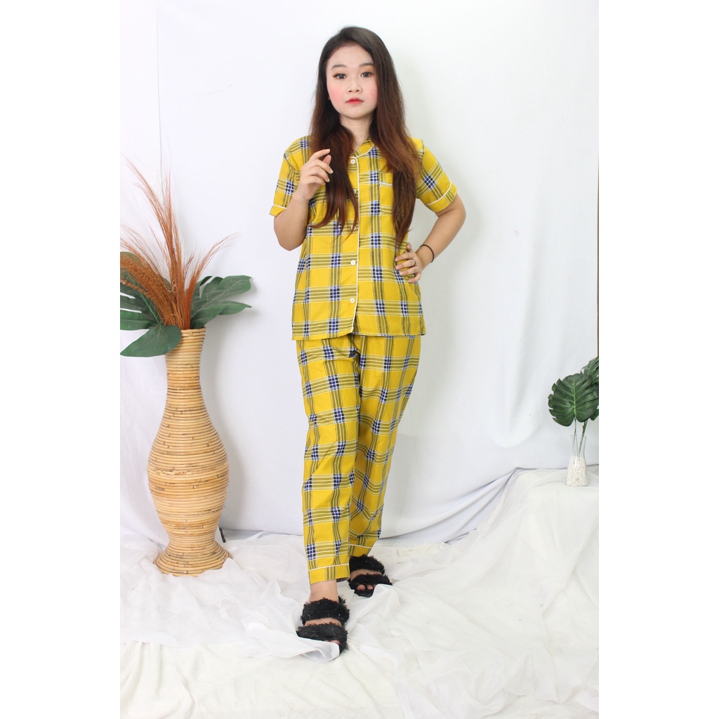 OKHISHOP - CP1 Piyama Pajamas CP Baju Tidur Piyama Wanita Dewasa Setelan CP Motif Trendy Karakter Kotak Guilen-CP BOB Kuning