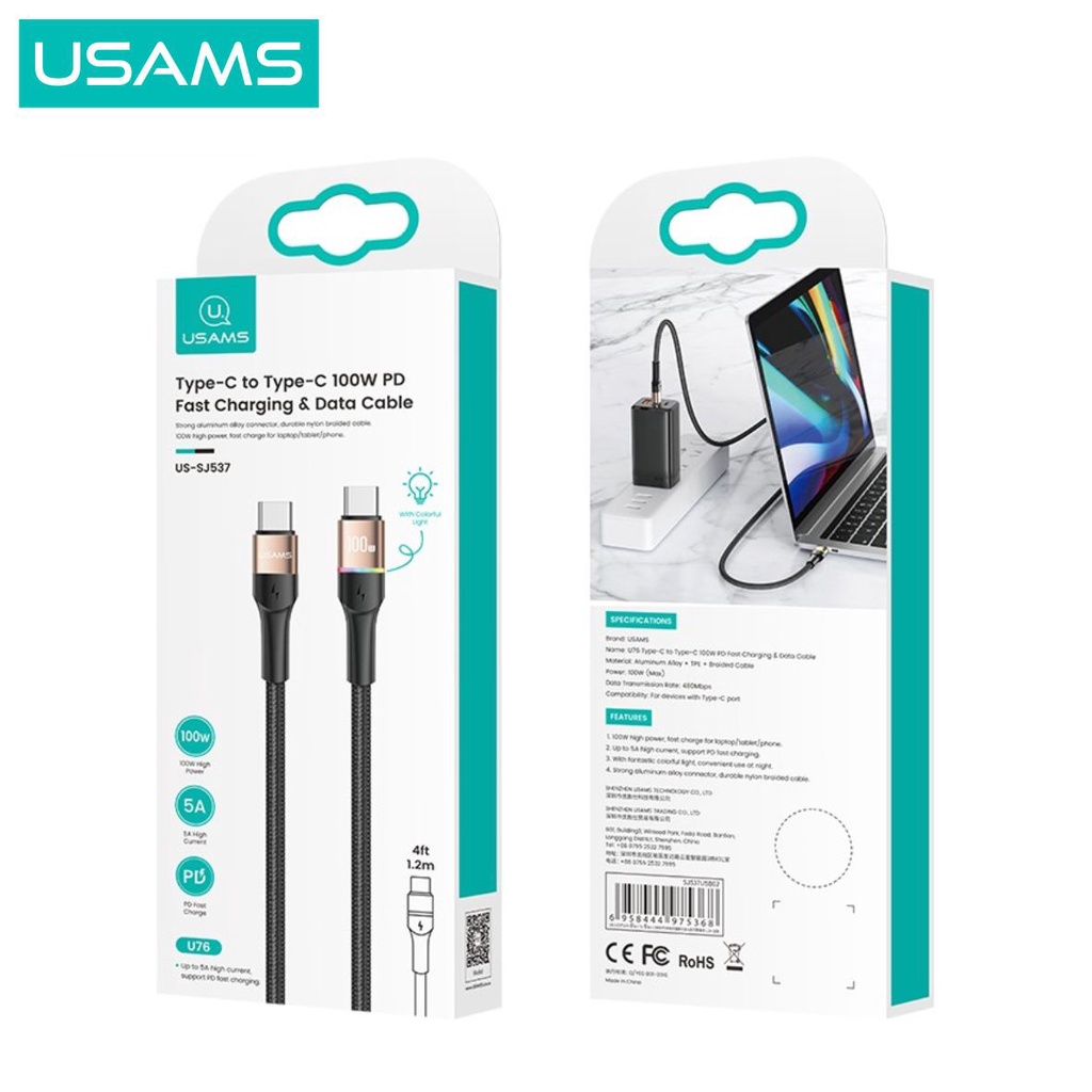 USAMS U76 Kabel Data Fast Charging LED Type C to Type C PD 100W