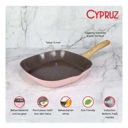 Cypruz FP-0908 Pink Ceramic Square Grill Pan Panggangan Ulir 28 cm