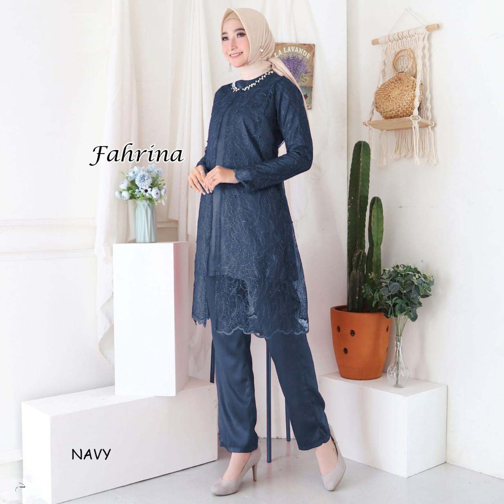 TMR  FAHRINA SETELAN BAJU MUSLIMAH PESTA TULLE BORDIR MUTIARA + CELANA  GAMIS/DRESS