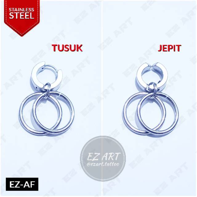 1Pc Model EZ-AF Silver Anting Pria dan Wanita Jepit Tusuk Variasi Bandul Double Ring