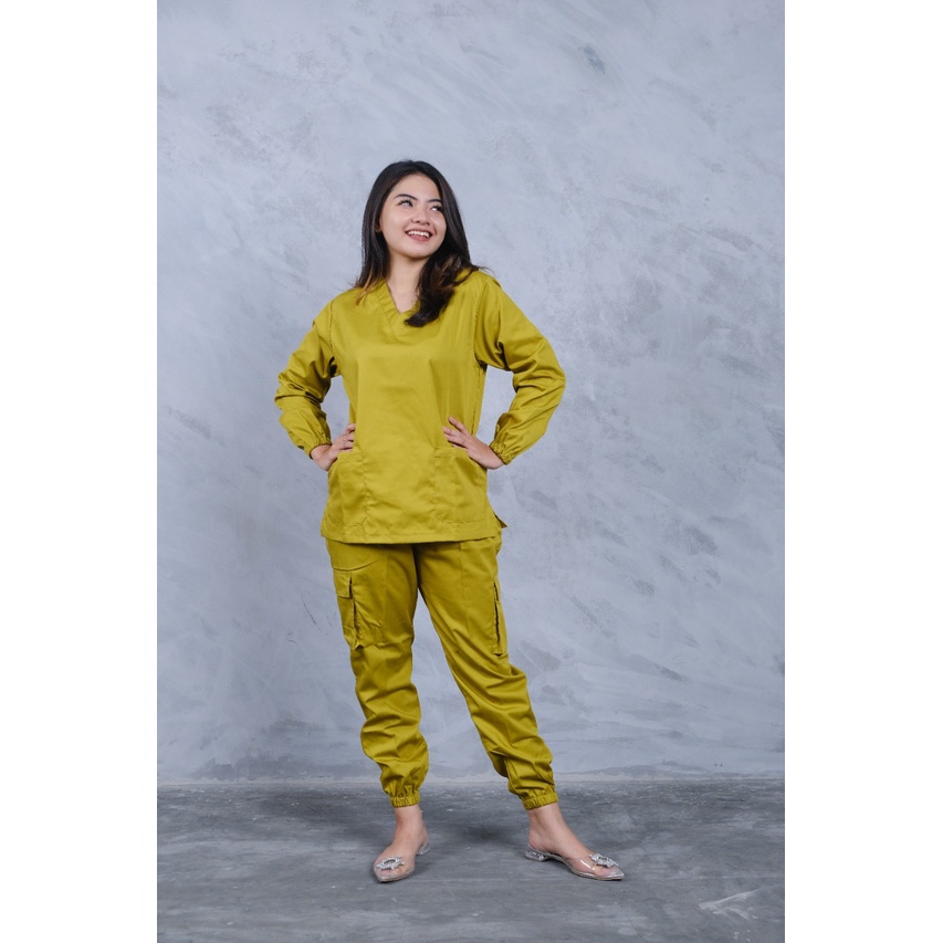 Baju Ok Oka Jogger Cargo | Baju Jaga Dokter Scrub Medis Perawat Lengan Panjang Karet | Bahan Toyobo