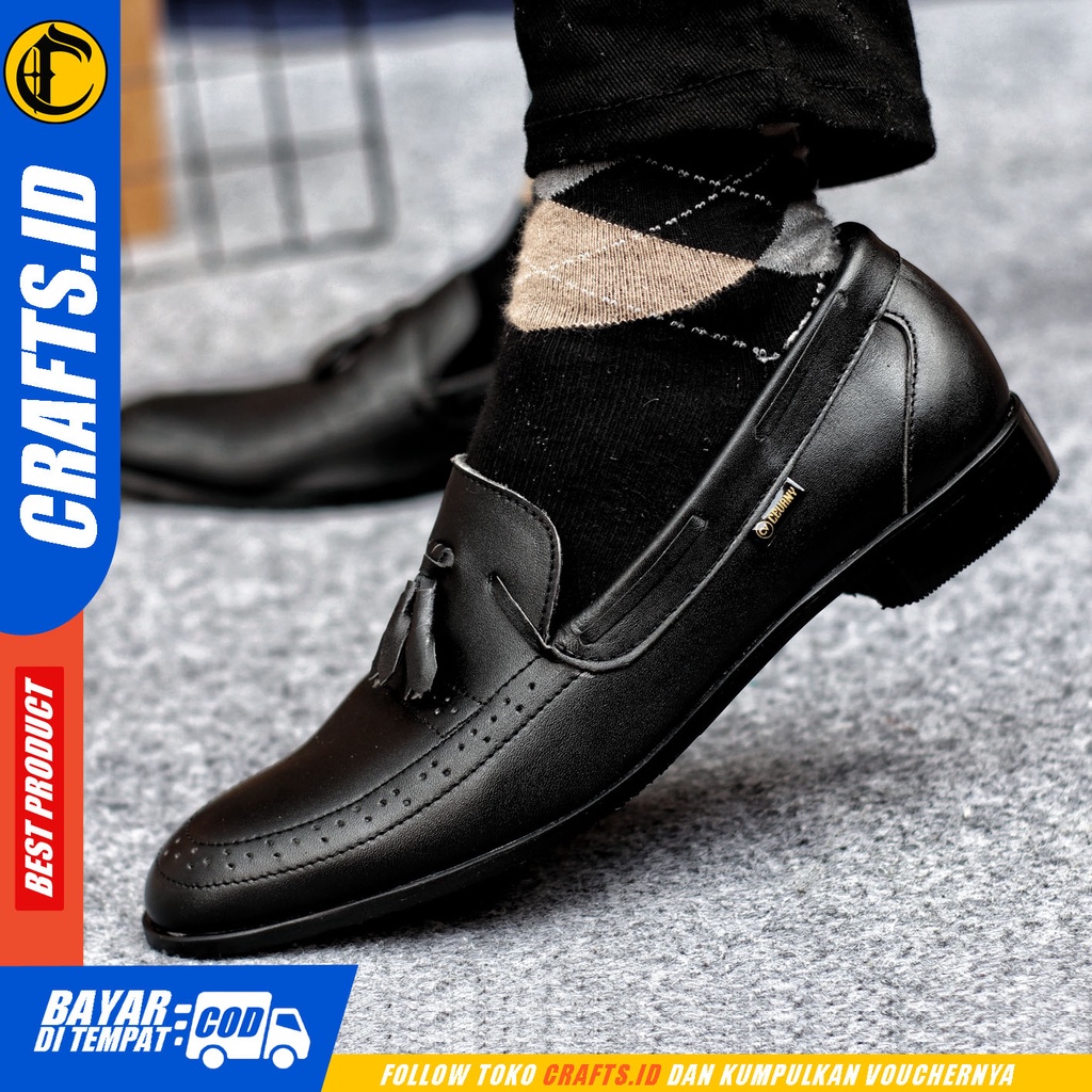 Sepatu Formal Pria Sepatu Pantofel Pria Kulit Asli Slop Sepatu Pantopel Hitam Kerja Kantor CRAFTS DEROSSA