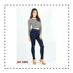 CELANA HIGHWAIST JEANS WANITA. HIGHWAIST BIRU DONGKER. HW SOBEK LUTUT