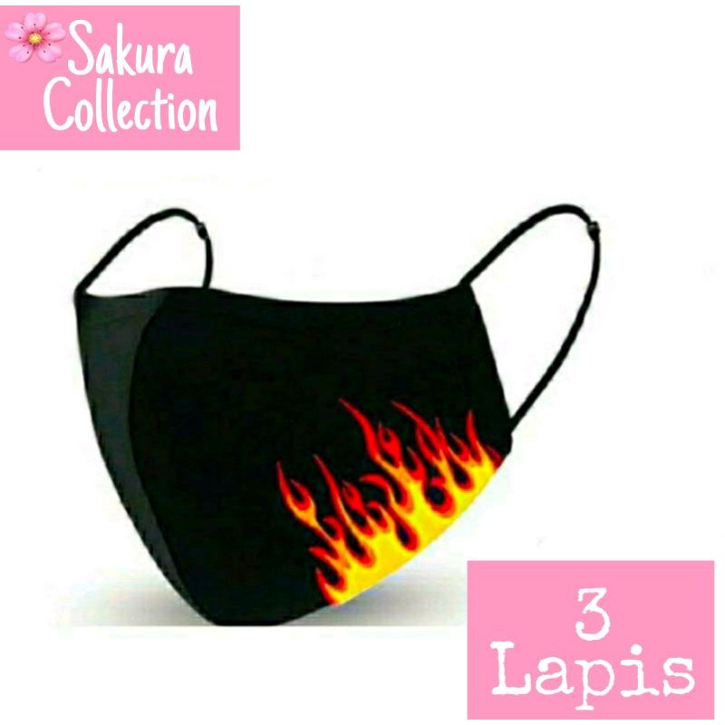 Masker BLACK ON FIRE API TERBAKAR Kain 3 Lapis / Scuba Anak Dewasa / Earloop