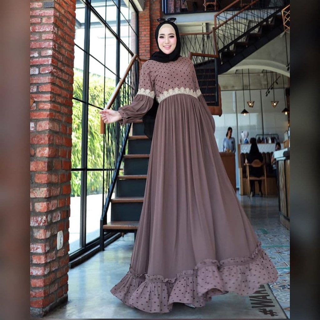 Gamis Ceruty Babydoll Aplikasi Renda Dress Wilona Maxi Busana Muslim Wanita Kekinian Dress Lengan Ba