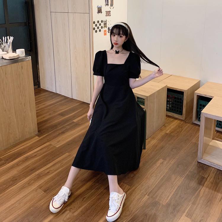 [littlecrab] Dress Square Neck Panjang Hitam Polos Leher Persegi Gaun Midi Kasual Simply Black Elegan Lengan Balon Pendek Berkualitas Korean Style