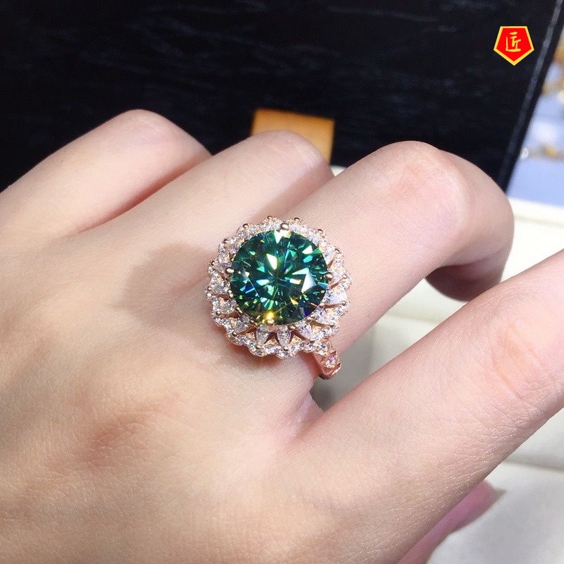 [Ready Stock]Inlaid Green Moissanite Ring Shiny Luxury