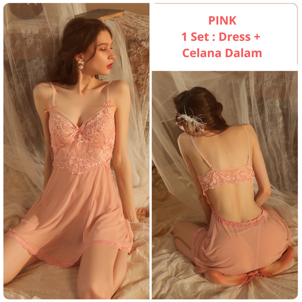 Dress Malam Sexy Lingerie Satin Dress Baju Sexy Wanita Bahan Satin Sexy Night Dress bisa untuk Seserahan Bonus Celana Dalam G String 1827