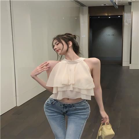 Red wanita halter neck off-shoulder tanpa lengan kamisol wanita musim panas 2022 new western style high fashion slim chic top