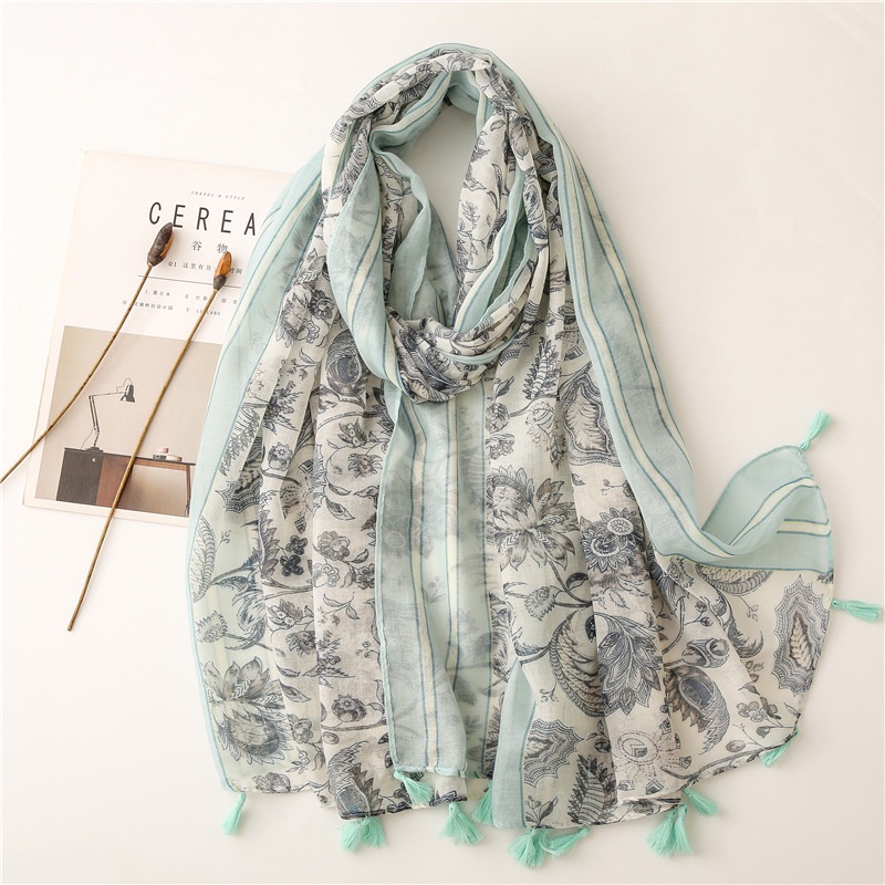 ITSFRIDAY 052223 Premium Scarf Selendang Pashmina Syal Shawl Pasmina Hijab Import Motif Flower Clasic Cream Mint Tassel