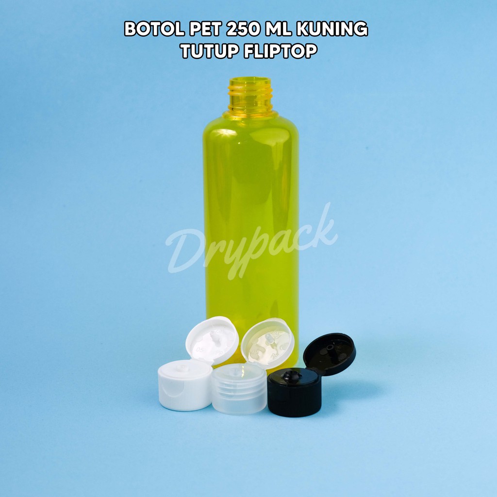 BOTOL PET 250 ML ROUND KUNING TUTUP FLIPTOP