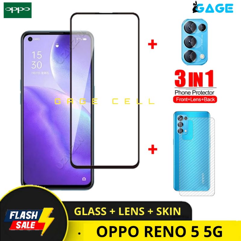 PAKET 3IN1 TEMPERED GLASS SKIN CARBON OPPO RENO 5 5G 4G - TG ANTI GORES FULL LAYAR OPPO RENO5 SCREEN