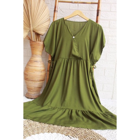 Daster Kimono Pendek || Daster Kimono Polos || Dres Kimono || Daster Rayon || Daster Rayon Busui || Daster Ruffle Busui-Hijau lumut