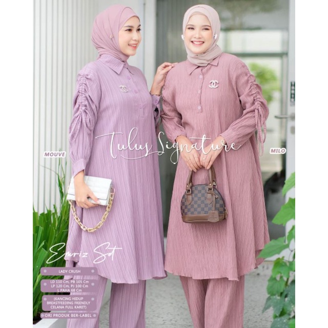 Elmecca One Set Ld110 XL Setelan Long Tunik Celana Motif Garis Lady Crush Busui Kancing Celana Full 