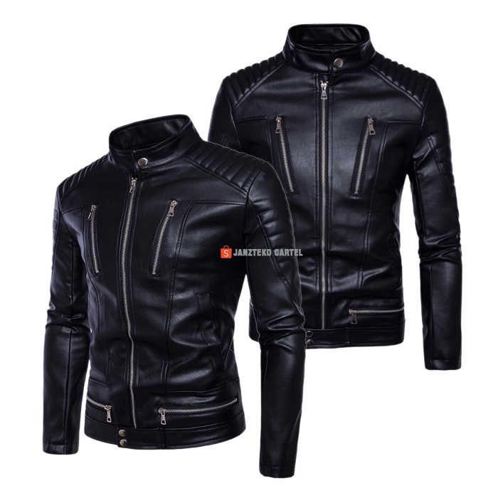 Jaket Spike Hitam Pria Bahan Kulit Sintetis Viena PU Synthetic Leather Original Trendy Terbaru Polos