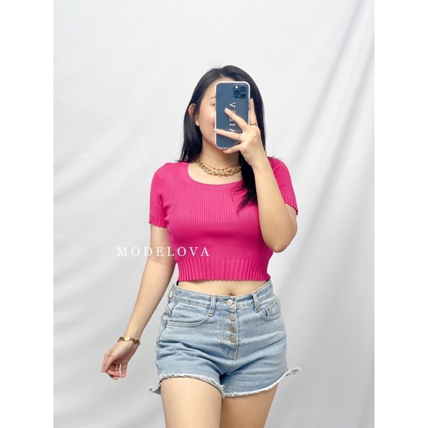 MDLV ~ A201# Vedora Knit Cropped Top Atasan Crop Blouse Rajut Lengan Pendek Fashion import