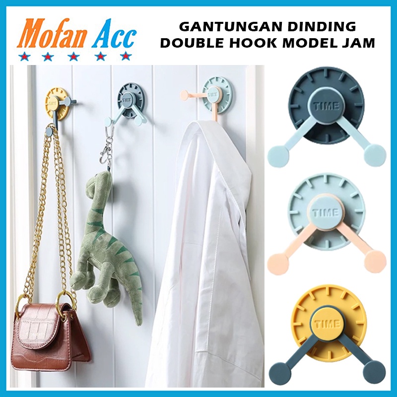 Gantungan Tempel Dinding 2 Kait Model Jam Time Holder / Cantelan Gantung Tas Kunci Kabel Baju Peralatan Dapur Ruang Tamu / Double Hook Holder Tempel Tembok Dinding Kaca Kayu 2 Pengait Interior Minimalis Modern Warna Pastel Serbaguna