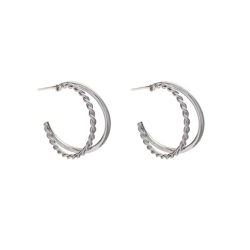 Anting Silver Needle Double Layer Bentuk Lingkaran Gaya Retro Korea Untuk Wanita