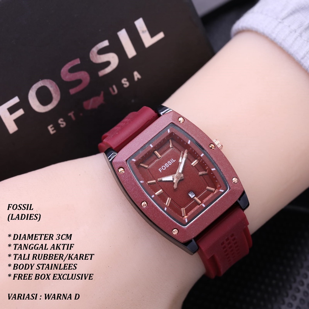 (FREE BOX) JAM TANGAN WANITA FASHION TALI RUBBER BODY OVAL BALOK TANGGAL AKTIF