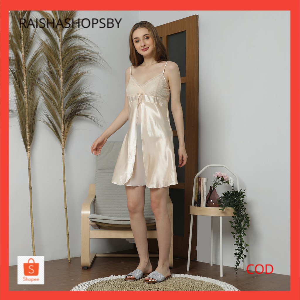 Daster Tidur Sexy Bahan Satin Model Brukat Tali Kecil YJ11