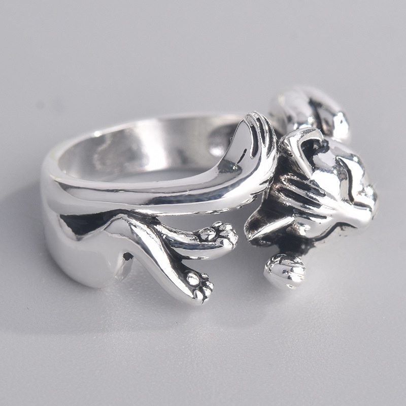 Cincin Model Terbuka Desain Kucing Hitam Totem Bahan Stainless Steel 925