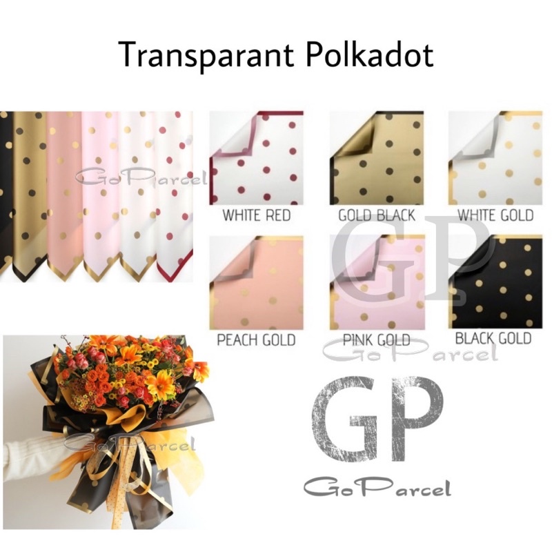 ( 5 Lembar ) FLOWER WRAPPING TRANSPARANT POLKADOT / ONDE LIS EMAS / KOREAN CELLOPHANE PLASTIC GOLD LIS / KERTAS KARANGAN BUNGA