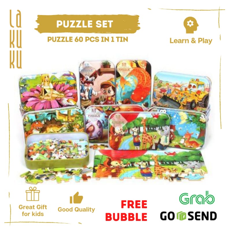Lakuku - Jigsaw Puzzle Kaleng Mainan Puzzle Kayu 60 pcs