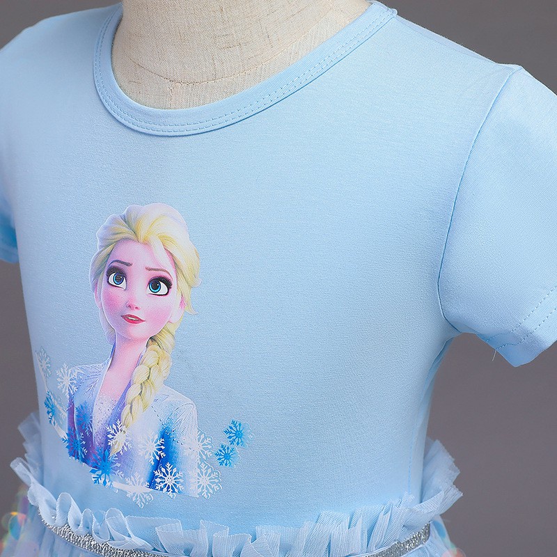 Kids girl Frozen Dress ANAK PEREMPUAN  Payet berkilauan Lengan pendek Frozen Kaos Rok