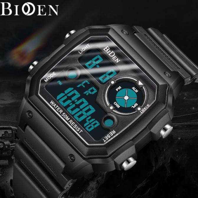 BIDEN jam tangan digital pria Square Militer Olahraga Kasual Pria