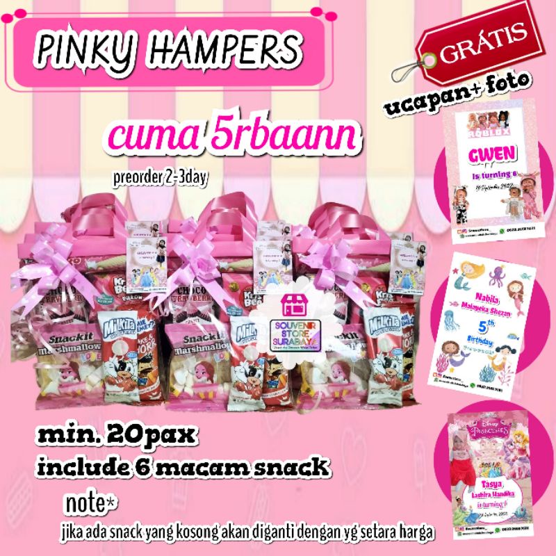 Pinky Hampers || Snack ultah serba pink || Paket ultah 6500 pink || Bingkisan ultah surabaya || Paket snack murmer