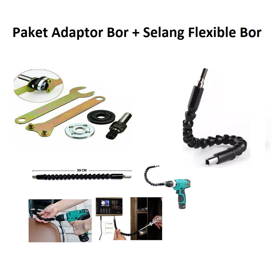 PAKET Adaptor Gerinda Set Konektor Bor Custom Gerinda Potong + Sambungan Obeng Bor Fleksible Bor
