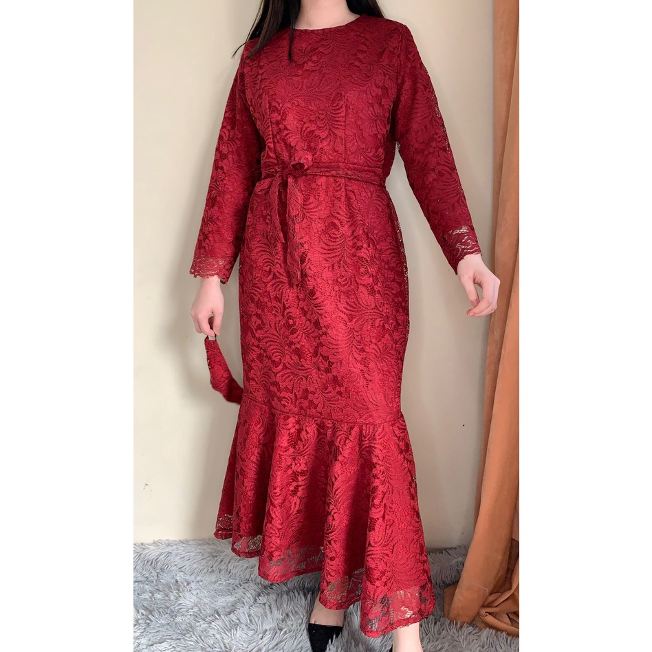 Ken-237B Busana Muslim Lebaran Long Dress kondangan Long Dress Pesta Longdress Muslim Wanita Model Duyung Premium Full Btokat Non Gliter bisa Cod Free Tali Pinggang