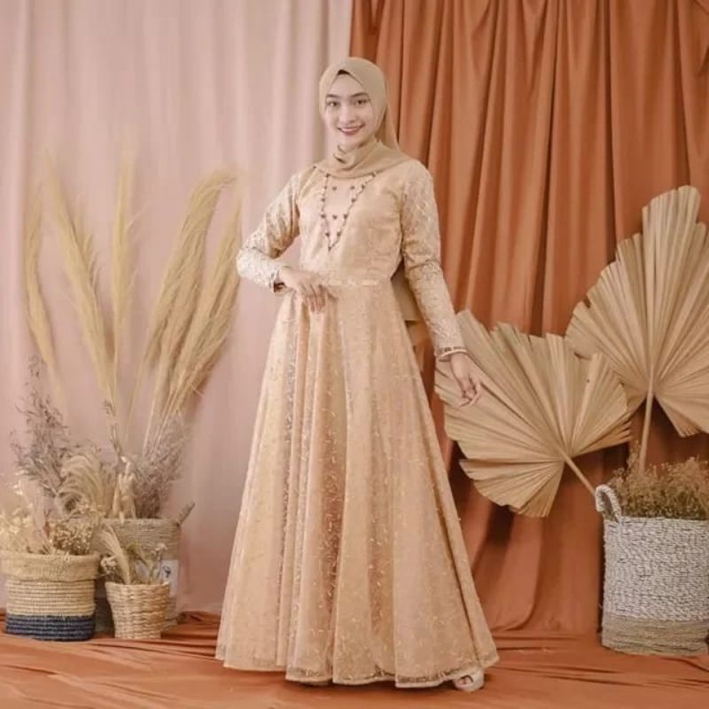 baju Gamis gaun dress muslim pesta lamaran kondangan nikah resepsi wanita dewasa terbaru 2022 lebaran kekinian cantik modern mewah viral trend kekinian elegant elegan