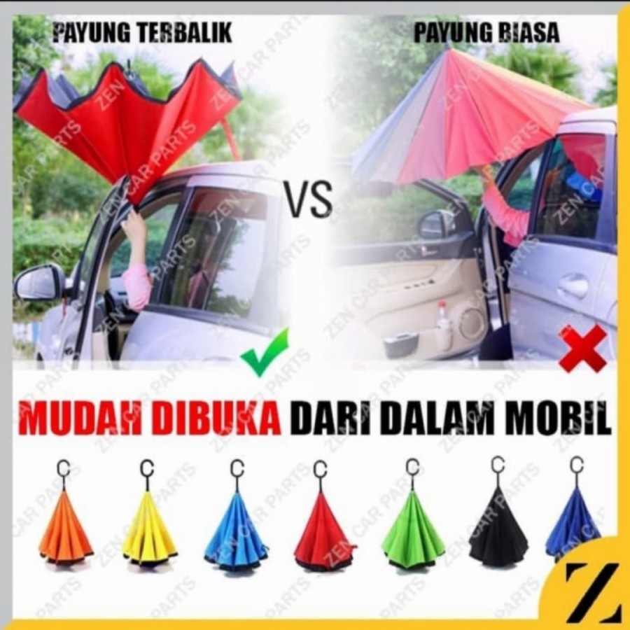 Payung Terbalik Kazbrella POLOS Payung Mobil Reverse Umbrella Gagang C