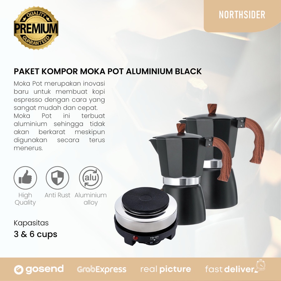 PAKET MOKA POT ALUMINIUM HITAM + KOMPOR ELEKTRIK YQ-105