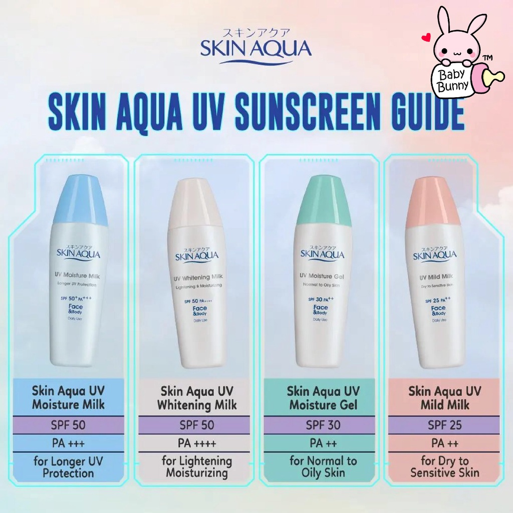 ❤ BELIA ❤ SKIN AQUA Tone Up UV Essence | UV Moisture Milk SPF 50+ PA+++ 40g Moist Gel SPF 30 sunscreen sun block screen | Sunplay Protection Sunscreen Lotion SPF 50+ PA++++ | Sunplay Baby Mild SPF 39 PA++