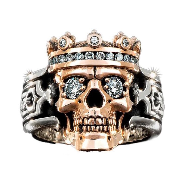 Vintage Rose Gold Crown Skull Cocktail Rings for Men White Zircon Punk Ring Biker Jewelry