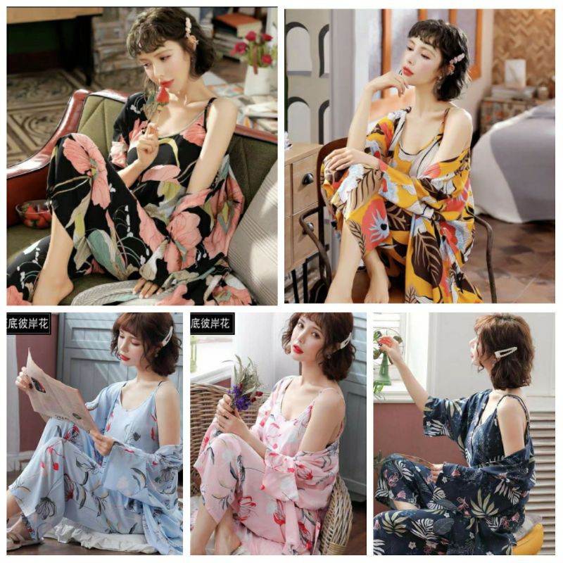 KZ_Stelan kimono 3in1 pp import / set baju tidur kimono 3in1 pp kekinian / Stelan kimono pp terbaru