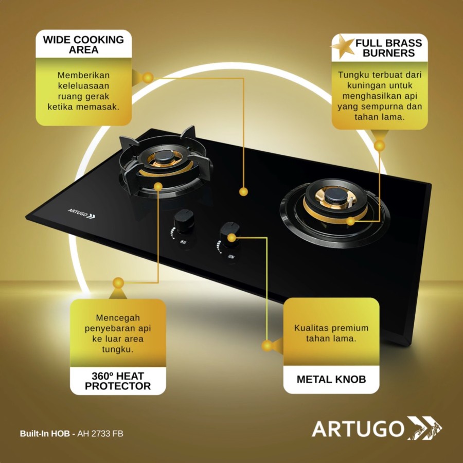 Artugo Built In Glass Gas Hob/Kompor Tanam AH 2733 FB Panjang 78 cm