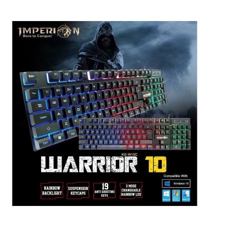 Keyboard gaming imperion wired usb 2.0 membrane 104 keys full-size led rainbow kg-w10c warrior 10