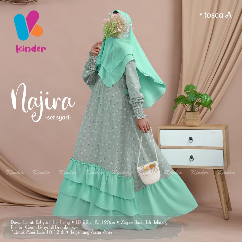NAJIRA SET Setelan Gamis Dress Syari + Khimar Anak Perempuan 10 - 12 Tahun Ceruty Babydoll  motif Bu