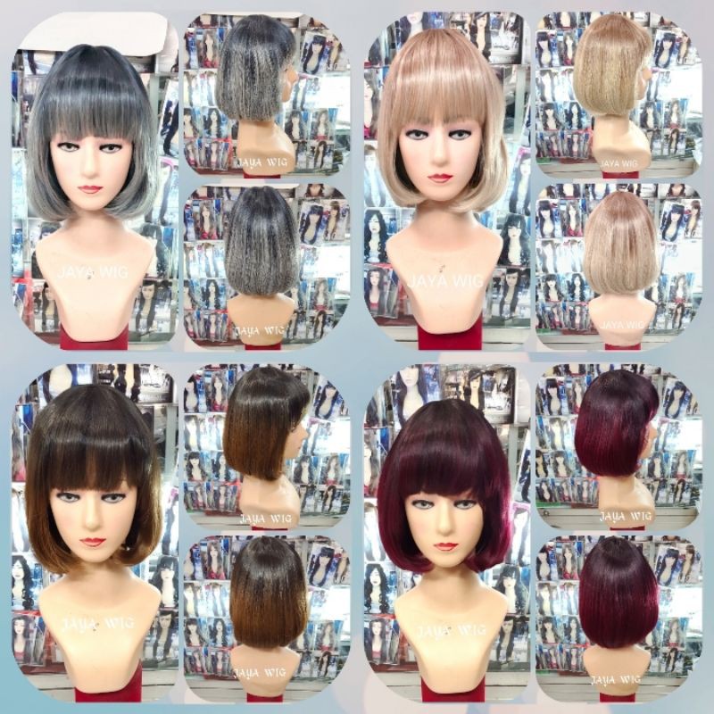 Wig Bob Pendek Rambut Palsu Wanita Model Bob Sedagu Poni Depan Halus Lembut Seperti Rambut Asli