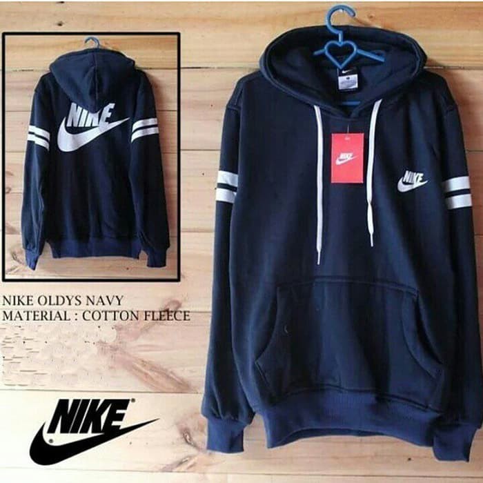 jaket sweater hoodie biru dongker nike strip lengan super keren