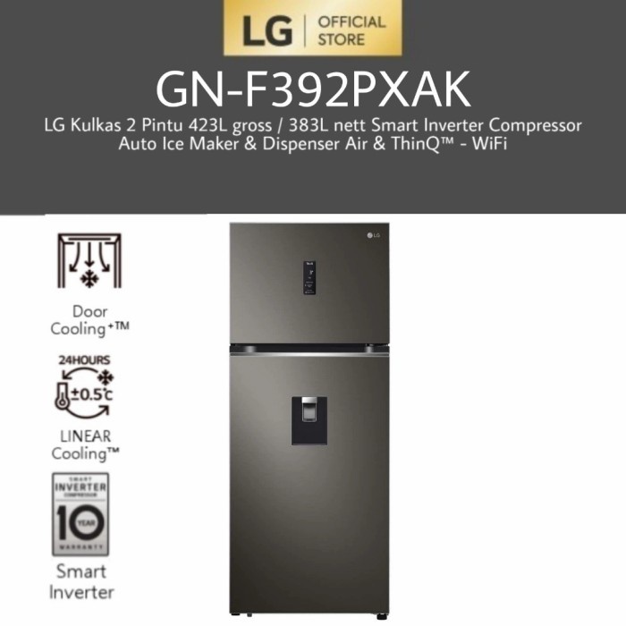 LG GN-F392PXAK KULKAS 2 PINTU INVERTER DISPENSER GNF392PXAK GNF392