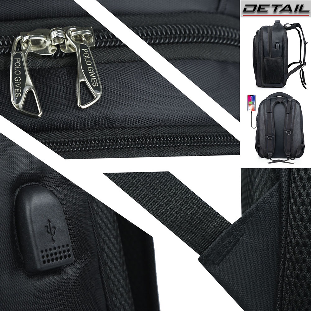 POLO GIVES Tas Ransel Original Import Tas Backpack Pria Wanita Free Kabel USB+Raincover