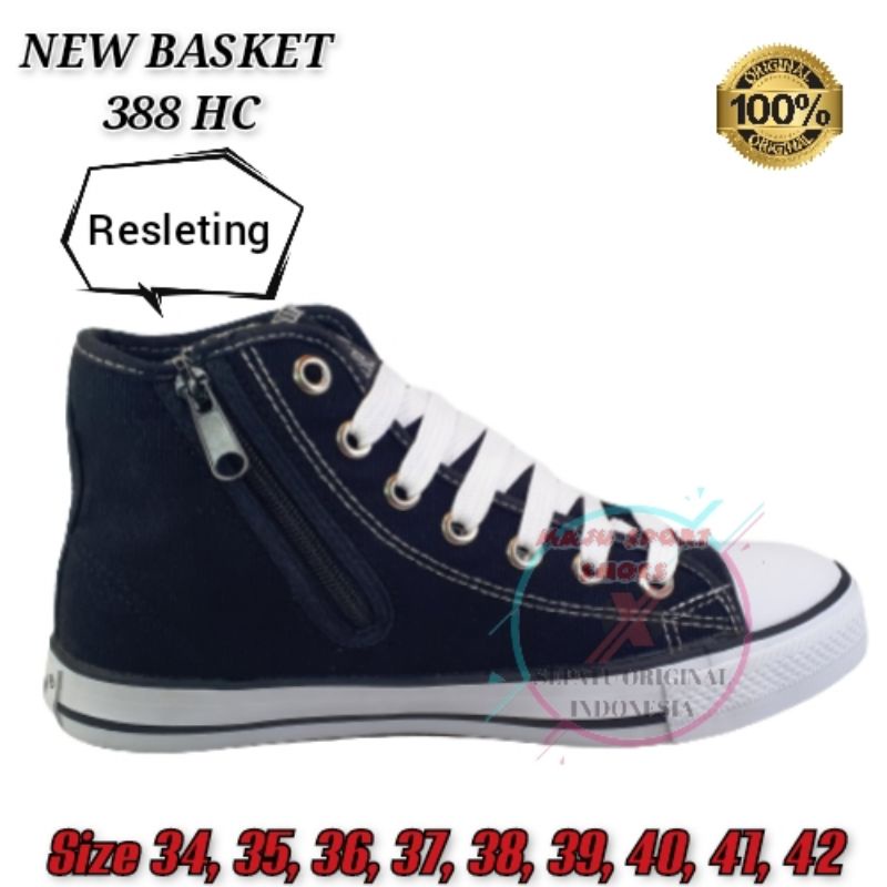 NEW BASKET 388 HC TINGGI RESLETING - SEPATU BOOT HITAM PUTIH / SEPATU SEKOLAH HITAM PUTIH RESLETING / SEPATU NEW BASKET TINGGI HITAM PUTIH