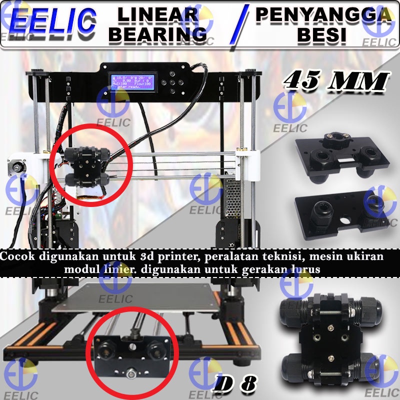 EELIC SCS-45D8SET Linear bearing block acrylic dengan ukuran 45 mm diameter lubang besi 8 mm sparepart 3d printer